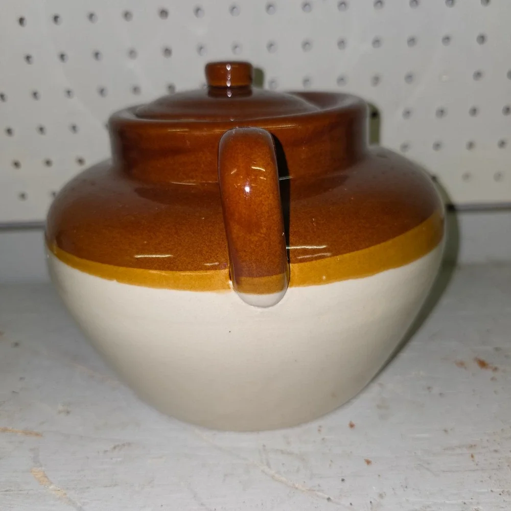 Vintage Smith-China Stoneware Bean Pot with Lid TwoTone Brown Ceramic Crock